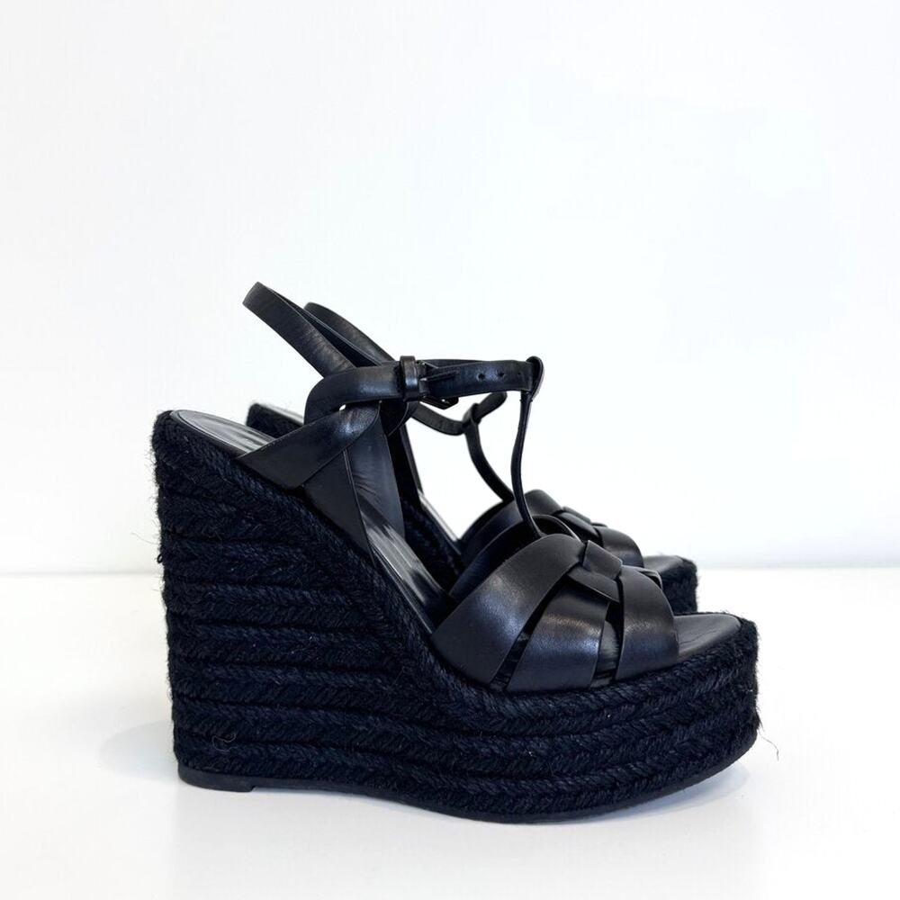 SAINT LAURENT Tribute Wedge Espadrilles 38.5 Black Leather Braided Jute Platform